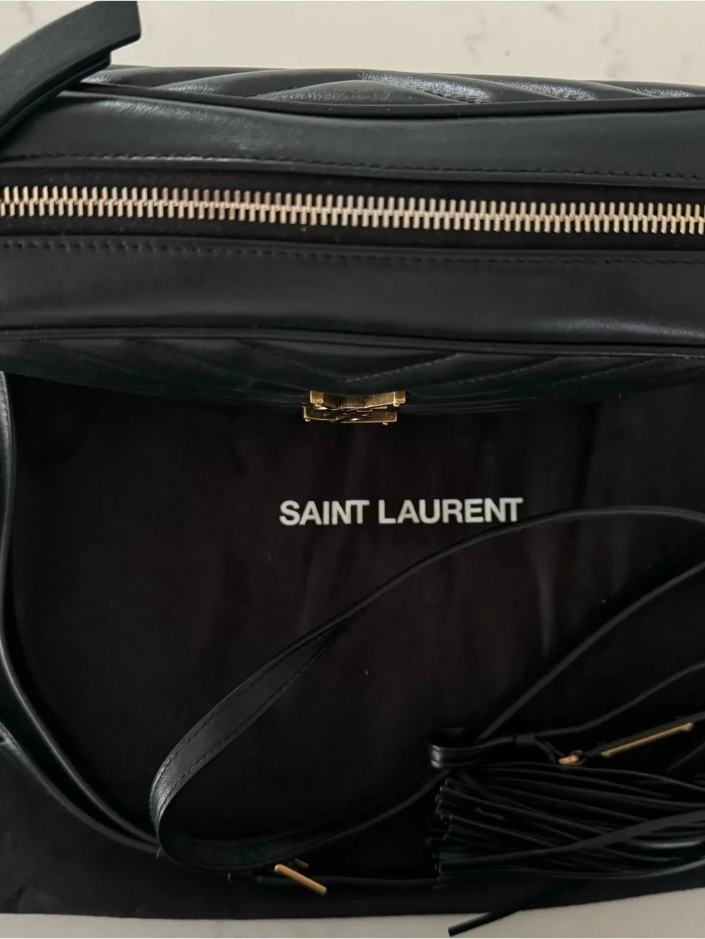 Saint Laurent Black Quilted Camera Crossbody with Gold YSL Logo and Tassel - Picture 3 of 13